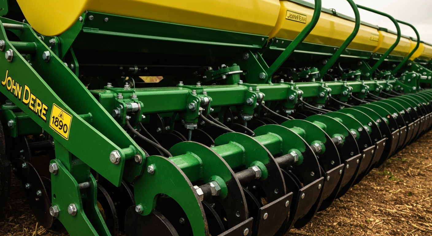 An extreme close-up of the pebbled metal and woven mesh surfaces of a John Deere 1890 air seeder unit, conceptually illustrating the rugged, high-tech materials used in modern no-till farming equipment.