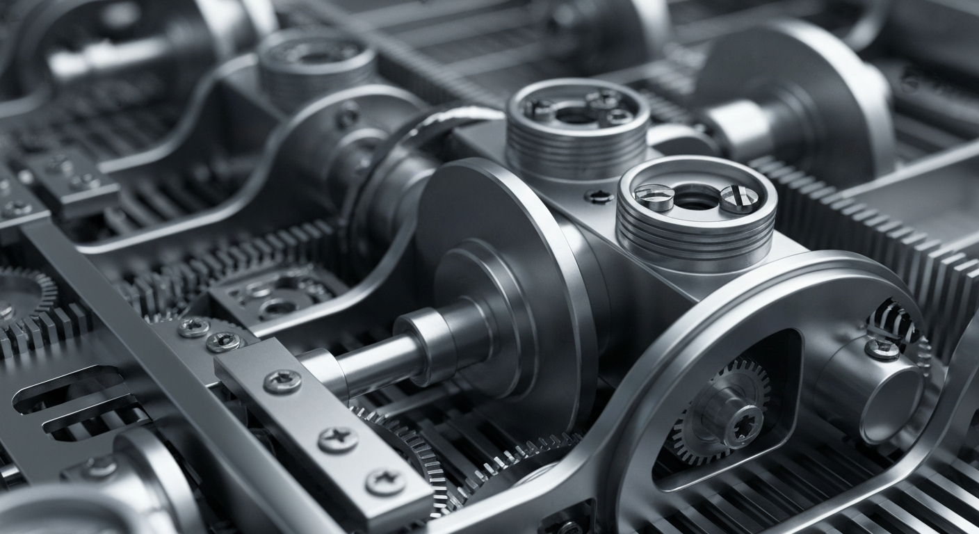 An extreme close-up of intricate, polished metal machinery and gears, conceptually representing the complex financial and technological infrastructure behind semiconductor manufacturing.
