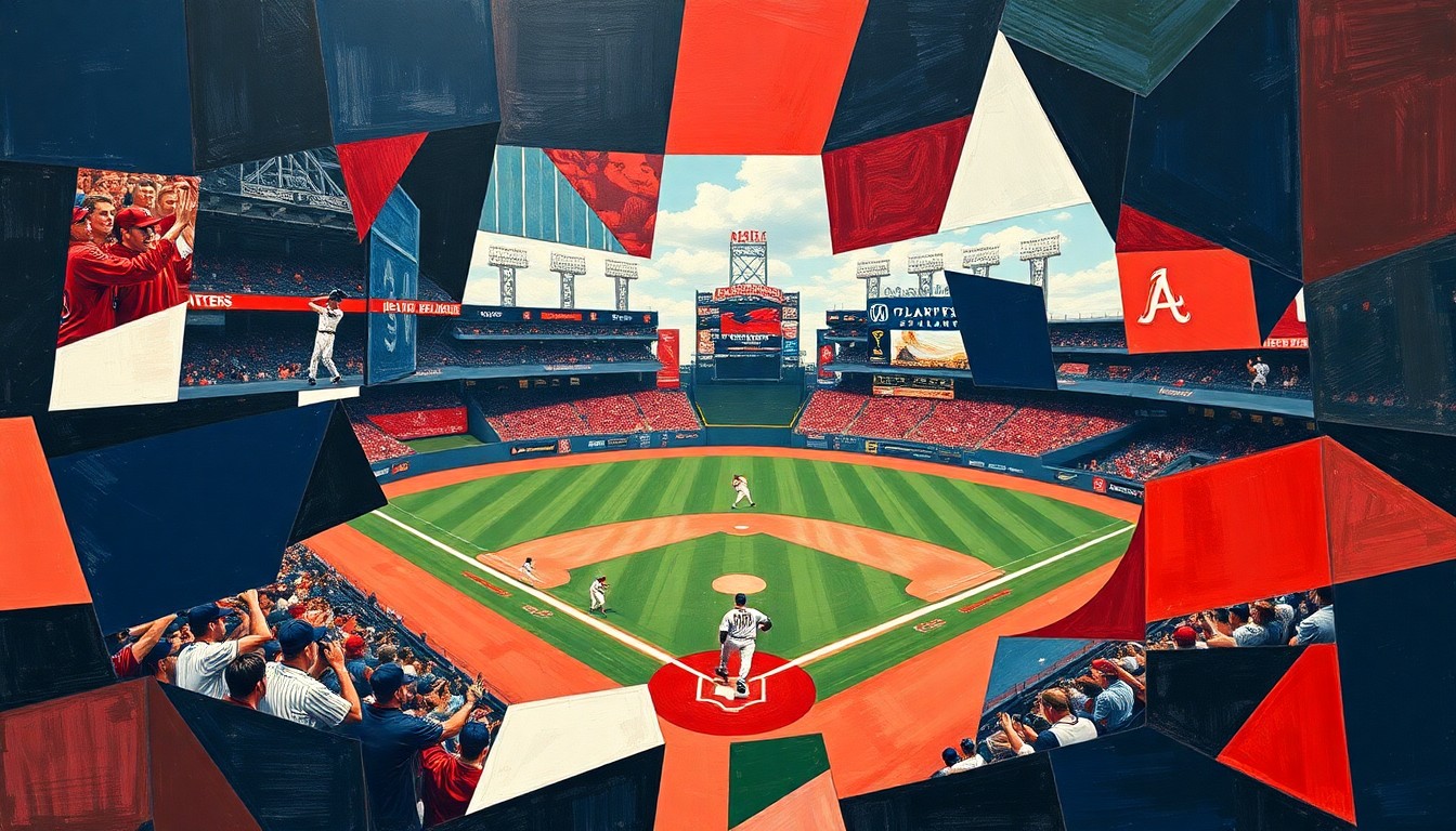 A fragmented, geometric painting depicting a baseball game or match, with sharp planes of navy blue, red, and white representing the Atlanta Braves, conceptually illustrating the difficult roster decisions facing the team.