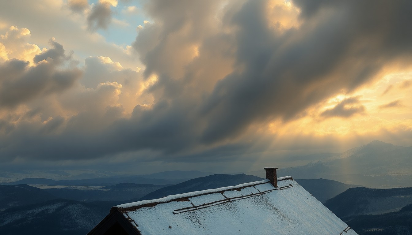 A vast, atmospheric landscape painting depicting a snow-covered rooftop structure under a dramatic, turbulent sky, conveying the overwhelming scale and power of the natural environment.