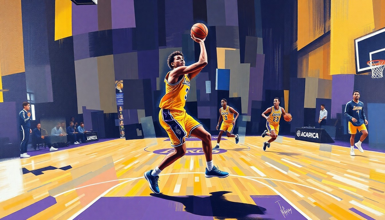 A cubist, geometric painting depicting a basketball player's movements on the court, with sharp, overlapping planes of purple and gold colors representing the Lakers' uniforms.