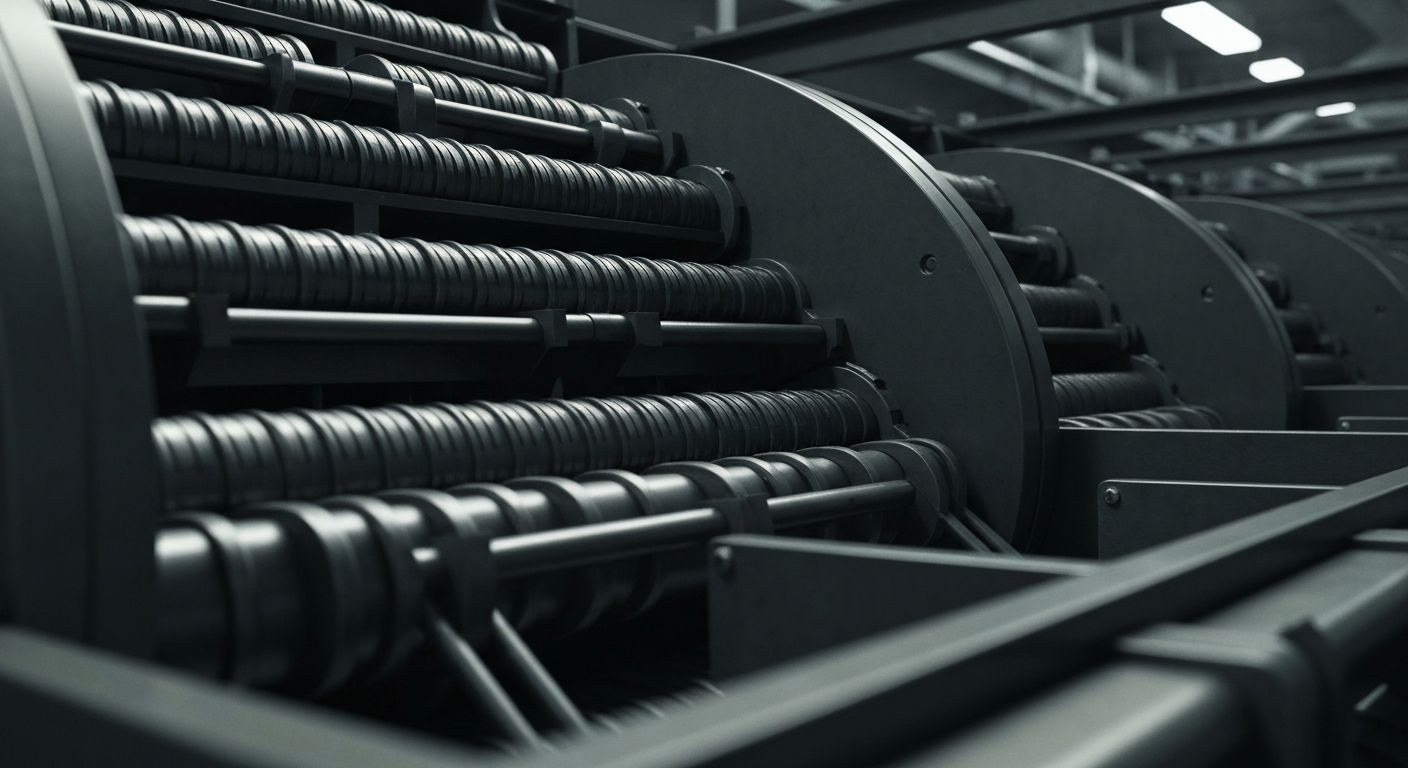 A highly detailed, black-and-white macro photograph of the inner workings of a large, industrial financial processing machine, capturing the complex mechanics and infrastructure that enable global commerce and consumer product distribution.