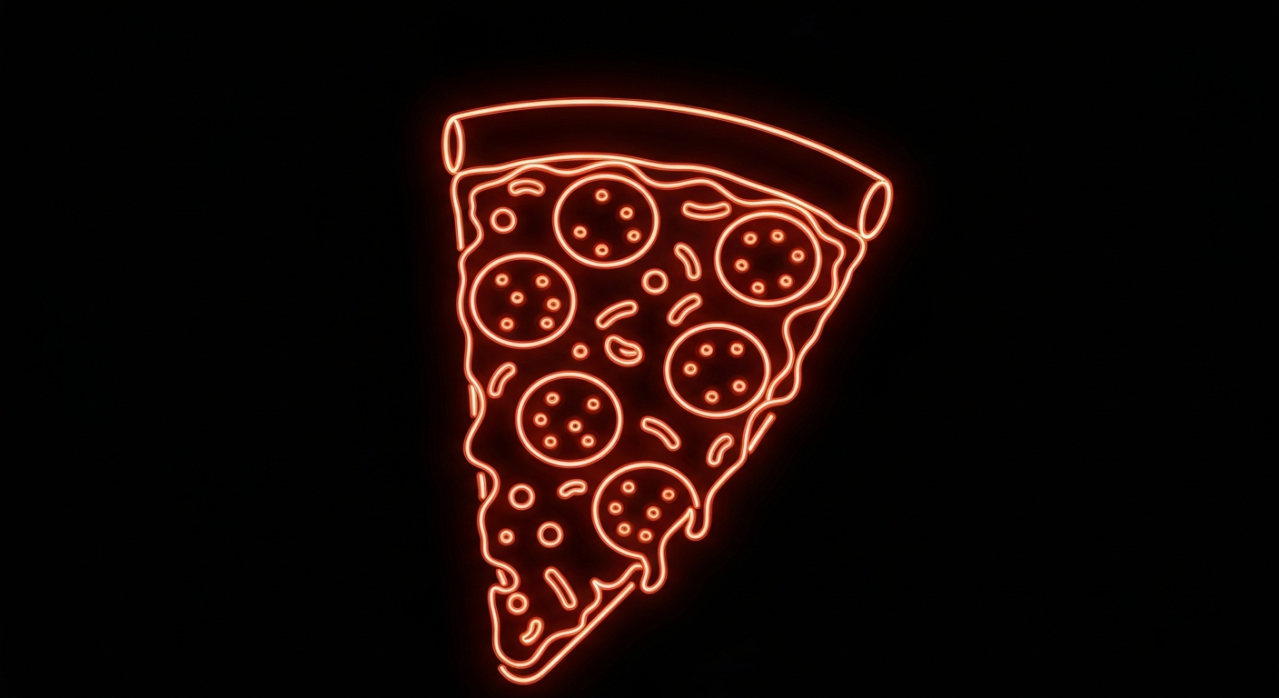 A glowing neon outline of a pizza slice against a dark background, with the crust, cheese, and pepperoni clearly defined by the pulsing electric lines, conceptually representing the health code violations at a local restaurant.