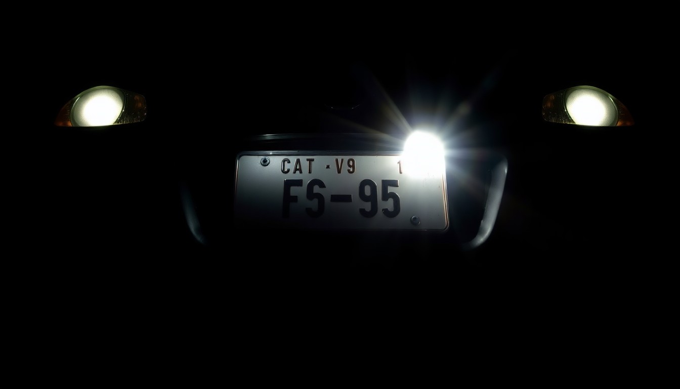 An extreme close-up photograph of a car's license plate or other traffic-related object, lit by a harsh, direct camera flash against a pitch-black background, creating a stark, gritty, investigative aesthetic.