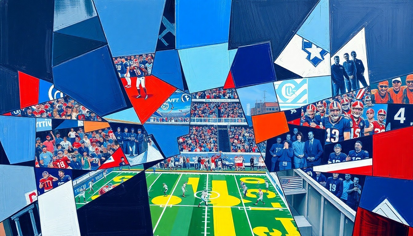 A cubist, geometric painting depicting fragmented football players, balls, and field elements in a chaotic, multi-angled composition using navy, white, and red colors.