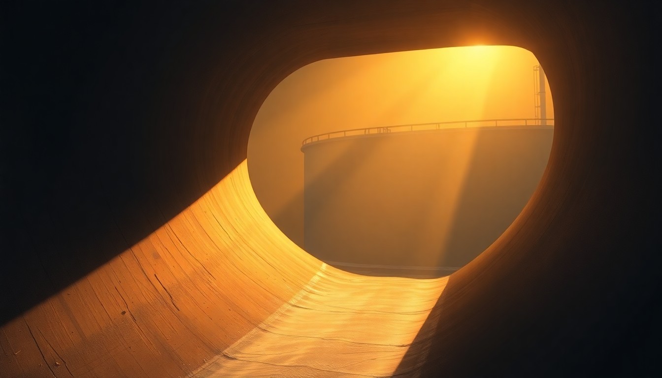 A photorealistic painting in the style of Edward Hopper, depicting an industrial drainage pipe or chemical storage tank in warm, golden light and deep shadows, conveying a sense of environmental concern and the impact of industrial pollution.