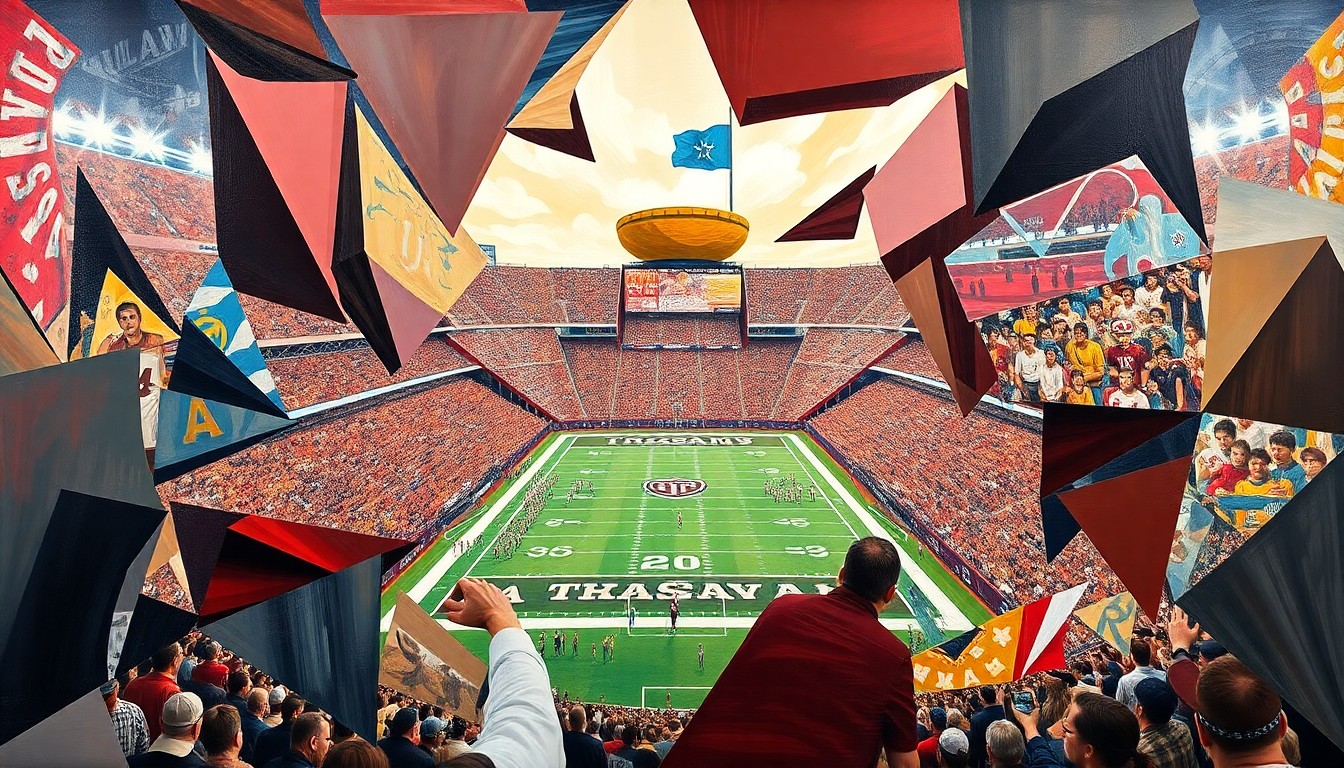A cubist, geometric painting depicting a Texas A&M football game, with players and the field broken down into sharp, overlapping shapes and planes.