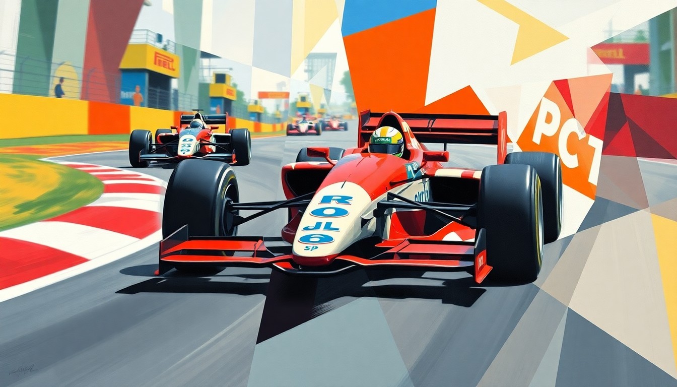 A cubist, geometric painting depicting the fractured, multi-perspective view of a Formula 1 car in motion, with the driver's form deconstructed into abstract shapes and colors, capturing the dynamic energy of the sport.