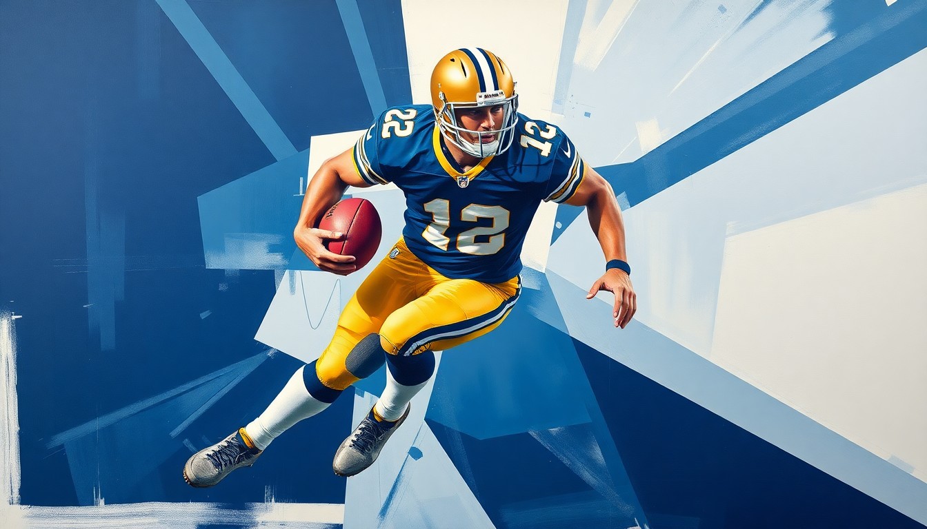 A fragmented, geometric painting depicting a football player in motion, with sharp planes of navy blue, gold, and white colliding to create a dynamic, abstract representation of athletic power.