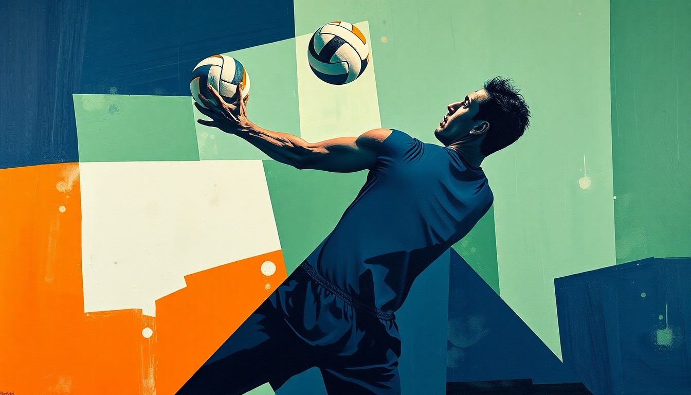 A fragmented, geometric painting depicting a volleyball player in mid-action, with sharp, overlapping planes of navy blue, forest green, and burnt orange conveying the dynamic energy and teamwork of the sport.
