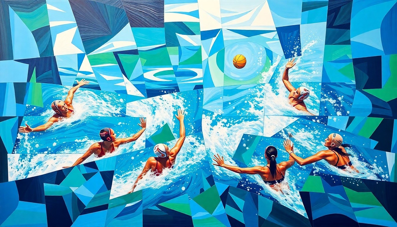 A cubist, geometric painting depicting the dynamic movements and action of a women's water polo match, with overlapping planes of vibrant blues, greens, and whites.