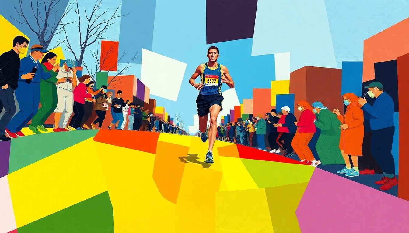 A fractured, geometric painting depicting a runner ascending Heartbreak Hill, with sharp planes of color representing the official team colors of the Boston Marathon and The James Gang organization.