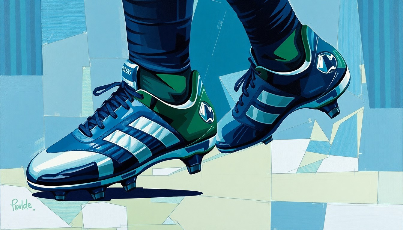 A cubist, geometric illustration depicting a football player's cleats and feet, broken down into sharp, overlapping planes of navy blue, forest green, and metallic silver, conveying the importance of proper equipment for injury prevention.