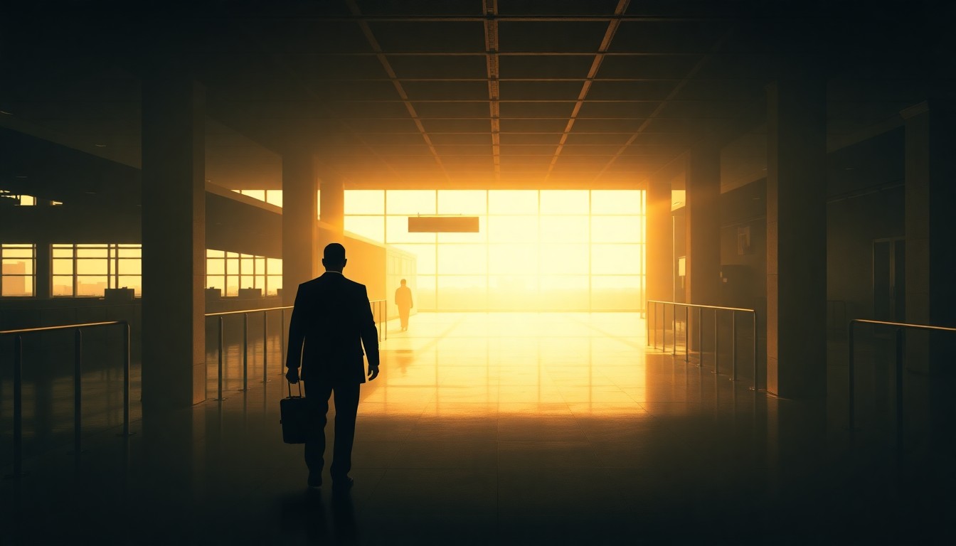 A dimly lit, cinematic painting of a lone Cuban businessman standing in a Miami airport terminal, the warm diagonal sunlight and deep shadows creating a sense of mystery and unease around his secretive mission.