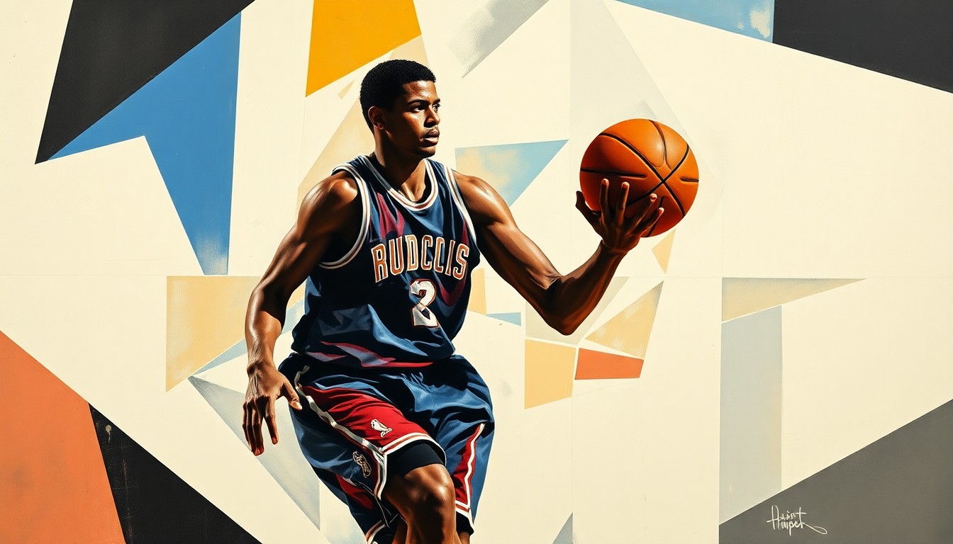 A fractured, multi-perspective painting depicting the dynamic movements and actions of a basketball player, with sharp, overlapping geometric shapes in a cubist style capturing the energy and physicality of the sport.