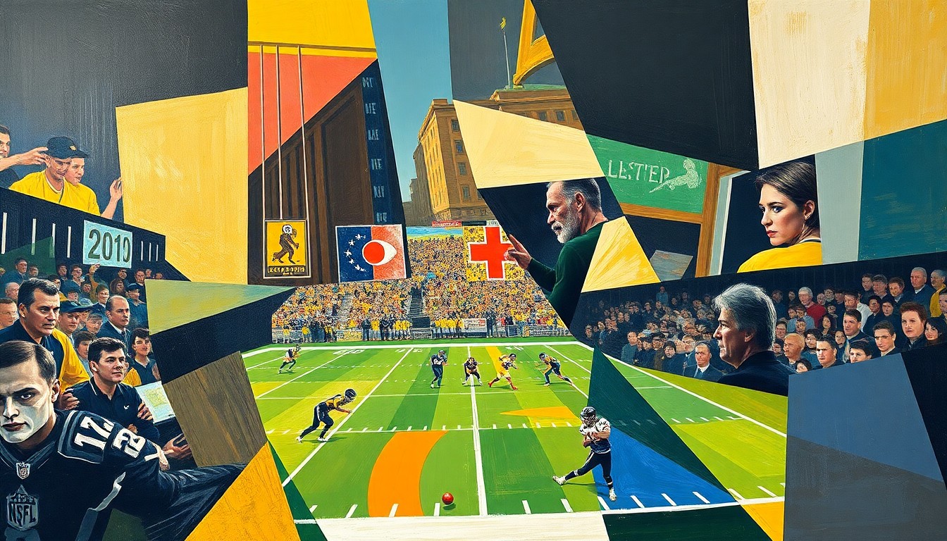 A cubist, geometric painting depicting a fragmented football game, with players and the field broken down into sharp, overlapping shapes and planes in a vibrant color palette.