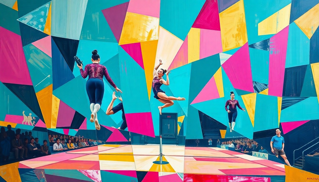 A cubist, geometric painting depicting various gymnastic movements and equipment in a fractured, multi-perspective style, using vibrant teal, magenta, and gold colors to capture the energy and excitement of the competition.