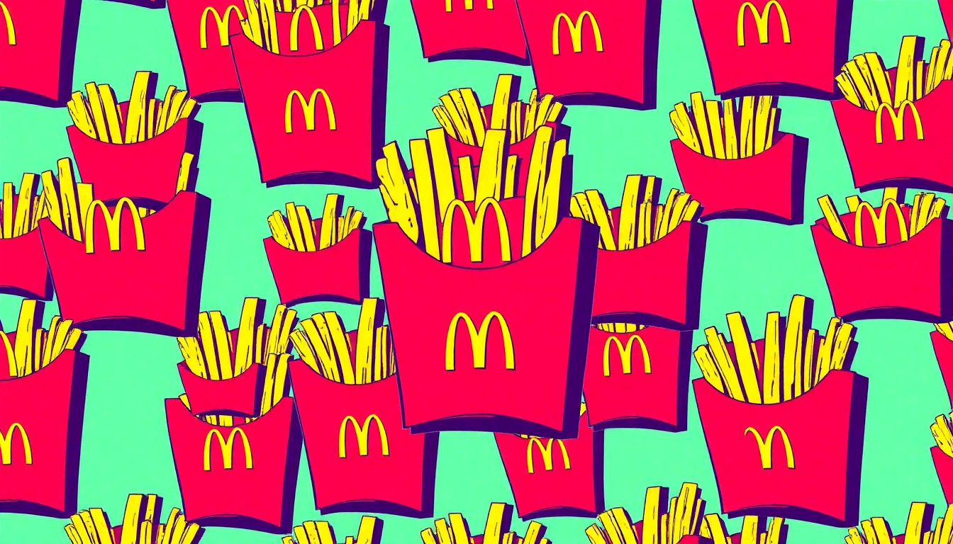 A bold, vibrant silkscreen-style illustration featuring a repeated pattern of a single McDonald's french fry in neon colors, conceptually representing the massive scale and iconic status of the new flagship restaurant.