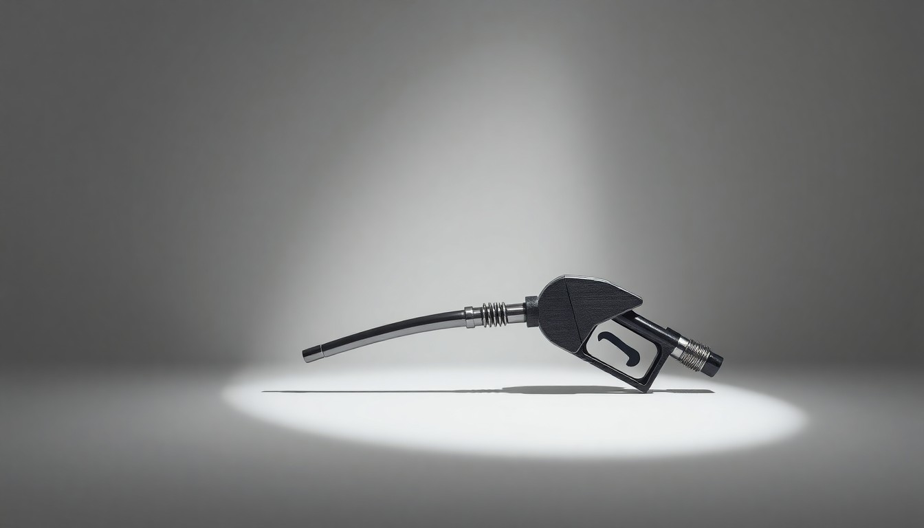 A photorealistic studio still-life image of a single, polished metal fuel nozzle resting on a clean, monochromatic background, symbolizing the abstract corporate challenges of managing volatile fuel prices in the aviation industry.