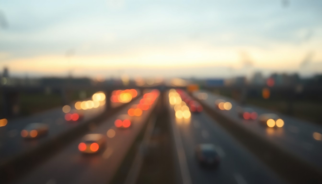 An abstract, out-of-focus photograph of a blurred highway interchange scene with faint taillights and headlights in pools of warm, muted color, conceptually representing the disruption and uncertainty of the long-running I-26 Connector project.