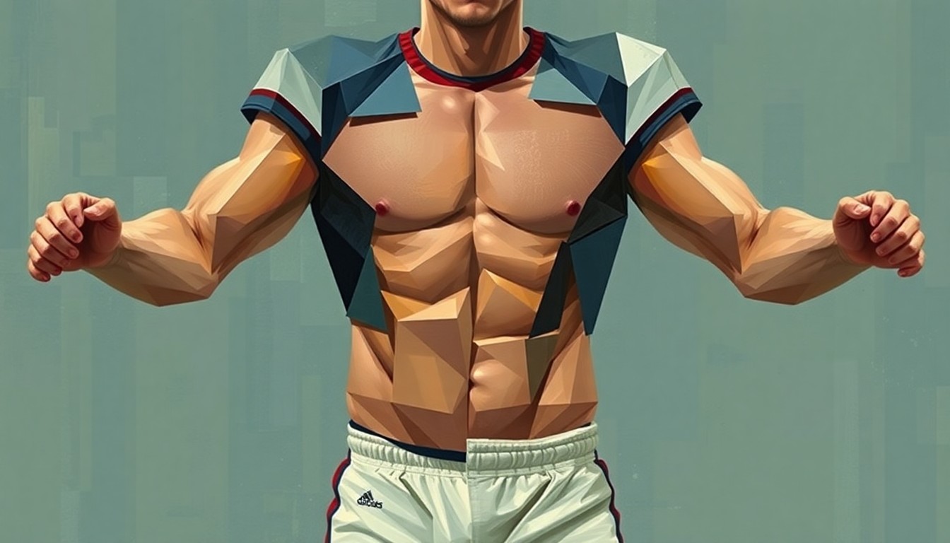 A cubist, geometric painting depicting the upper body and arms of a football player in an abstracted, deconstructed style, highlighting the proportions and measurements rather than a realistic depiction.