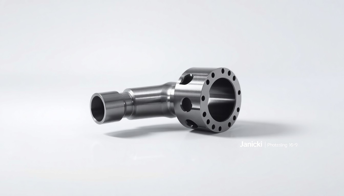 A highly detailed, photorealistic studio photograph of a polished metal aerospace component or tooling fixture, arranged elegantly on a clean, monochromatic background and dramatically lit to showcase the precision and quality of Janicki's engineering and manufacturing work.