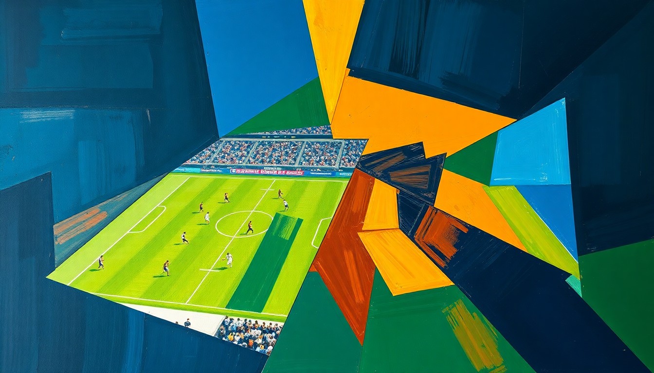 A cubist, geometric painting depicting fragmented and overlapping shapes in navy, green, and orange, conceptually representing the trade of two NFL defensive linemen between the Falcons and Jaguars.