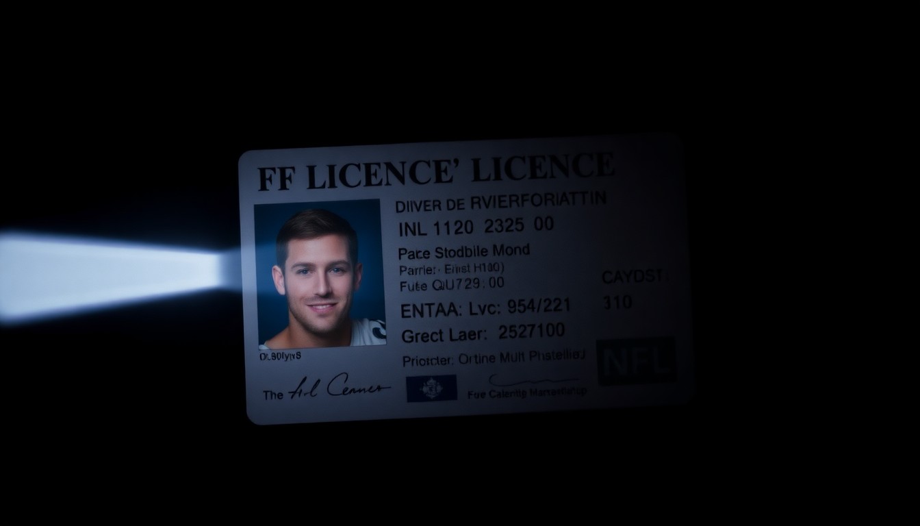 An extreme close-up photograph of a fake driver's license with an NFL player's photo, lit by a harsh, direct camera flash against a pitch-black background, creating a stark, gritty, investigative aesthetic.