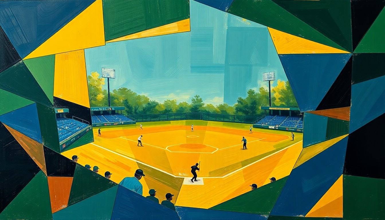 A fractured, geometric painting in navy, green, and yellow hues, depicting overlapping planes and angles that abstractly represent the climactic final plays of a high school softball game.