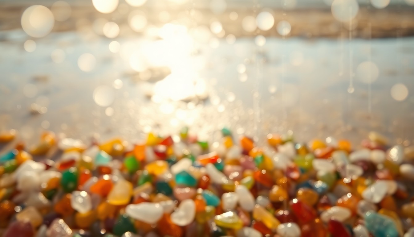 An impressionistic, out-of-focus photograph of a beach scene, with piles of smooth, polished sea glass fragments in shades of blue, green, and brown visible through the hazy, rain-streaked lens, conveying the tranquil, meditative experience of beachcombing on Fire Island.