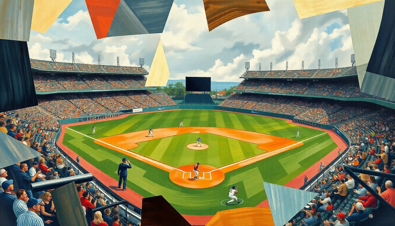 A fragmented, geometric painting depicting the dynamic action of a baseball game, with players and the field broken down into abstract shapes and planes of color.