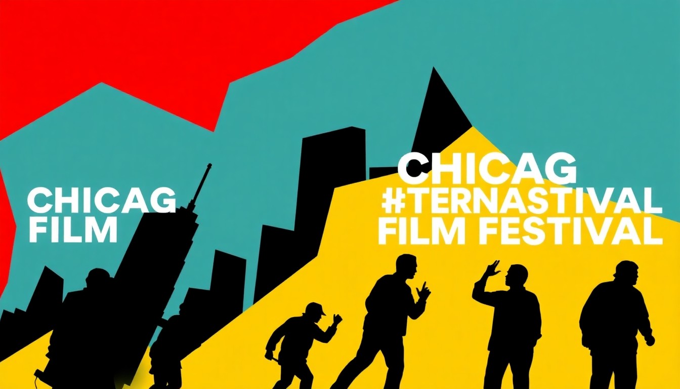 A bold, abstract illustration featuring jagged geometric shapes and heavy black silhouettes in a high-contrast color palette, conceptually representing the global impact and artistic vision of the Chicago International Film Festival.