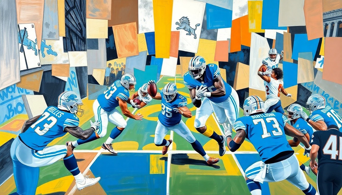 A cubist, geometric painting in shades of blue and silver, breaking down a football game into fragmented, overlapping shapes to conceptually represent the Lions' draft strategy.