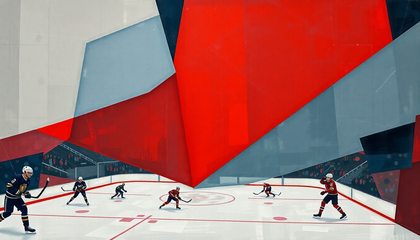 A cubist painting featuring sharp, overlapping geometric planes in muted shades of red, blue, and grey, conceptually representing the fragmented and disappointing state of the Detroit Red Wings hockey team.