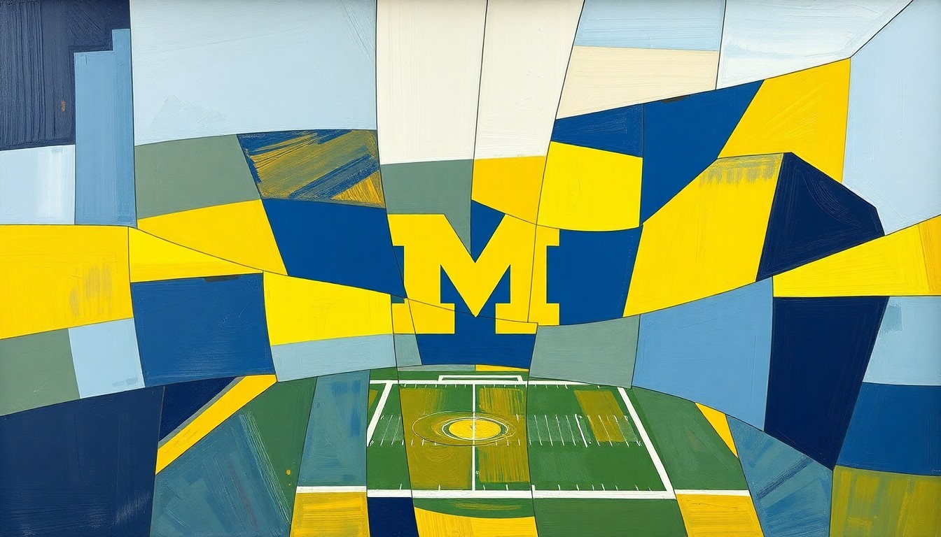 A cubist, geometric painting featuring overlapping planes of maize and blue, conceptually representing the energy and action of a Michigan football spring game.