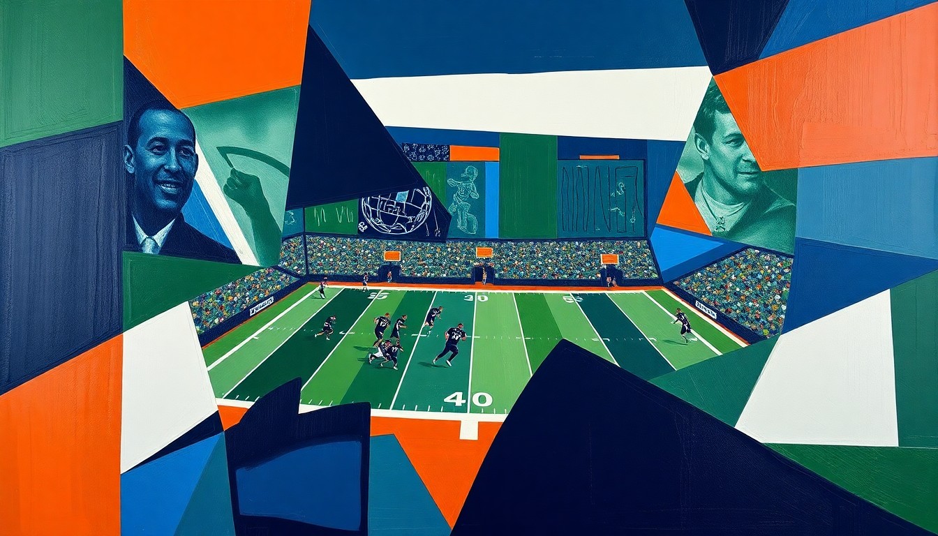 A cubist, geometric painting depicting a fragmented football game, with sharp planes of navy, green, and orange overlapping to create a dynamic, multi-perspective scene.