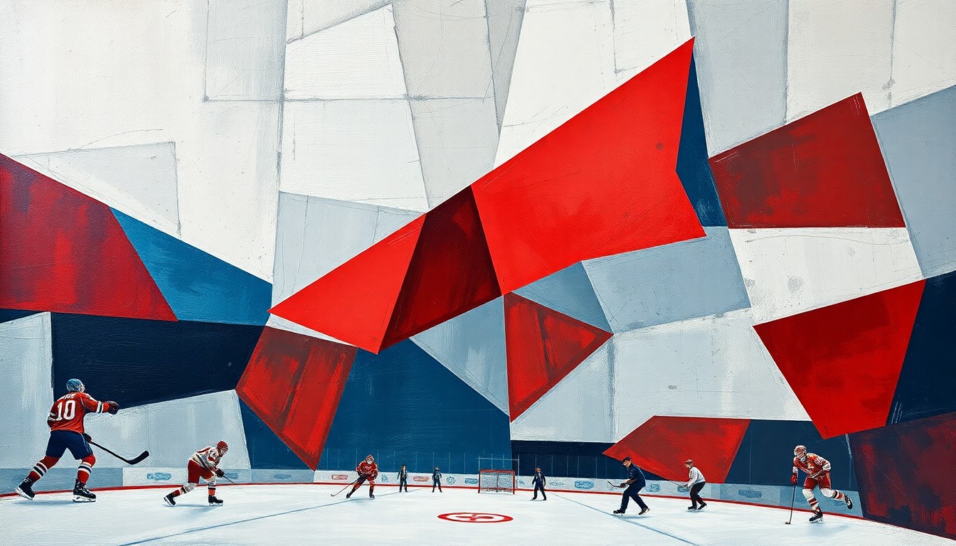 A cubist, geometric painting depicting a fragmented hockey game scene, with overlapping planes of muted colors representing the team's struggles and uncertain path forward.
