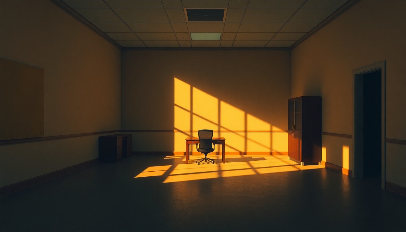 A serene, cinematic painting of an empty government office space, with a lone desk and chair in the center bathed in warm, diagonal sunlight and deep shadows, conveying a sense of solitude and unease.