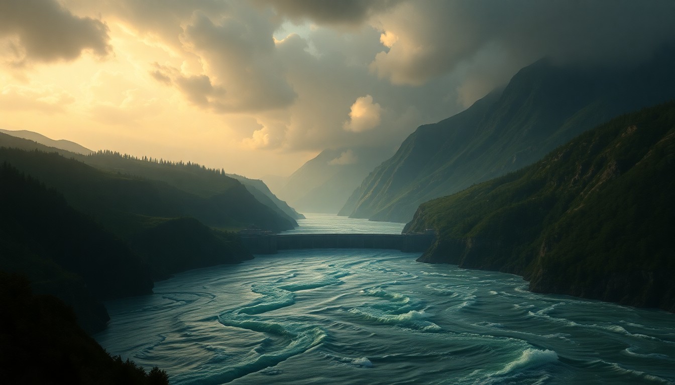 A sweeping, atmospheric landscape painting depicting a flooded river valley, with a small dam structure barely visible in the distance, dwarfed by the vast, turbulent floodwaters and dramatic clouds overhead.