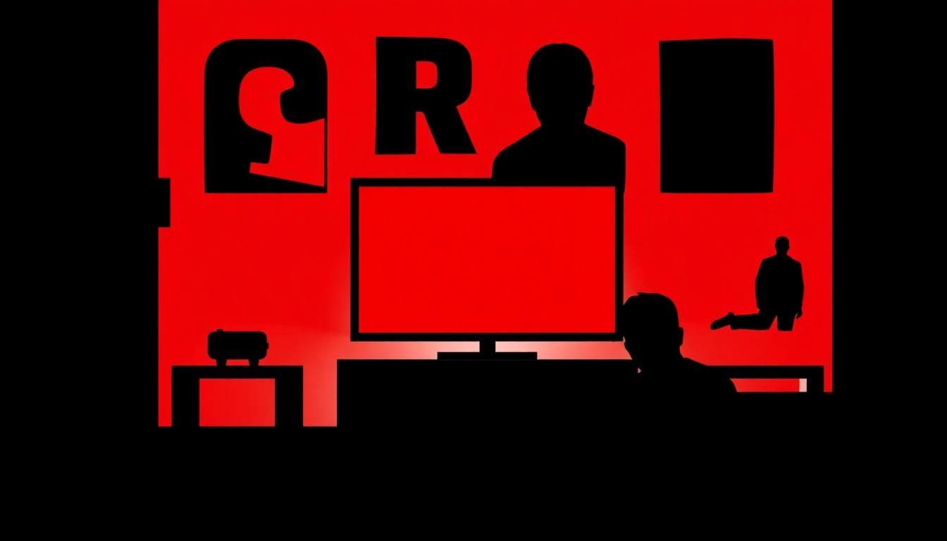 A minimalist, abstract illustration featuring stark black silhouettes and geometric shapes in high-contrast red and white, conceptually representing the idea of crime thriller television shows on a streaming platform.