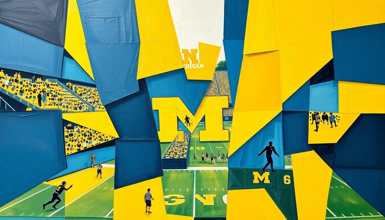 A fragmented, geometric painting in shades of maize and blue, depicting the dynamic action of a Michigan football game through Picasso-esque overlapping planes and shapes.