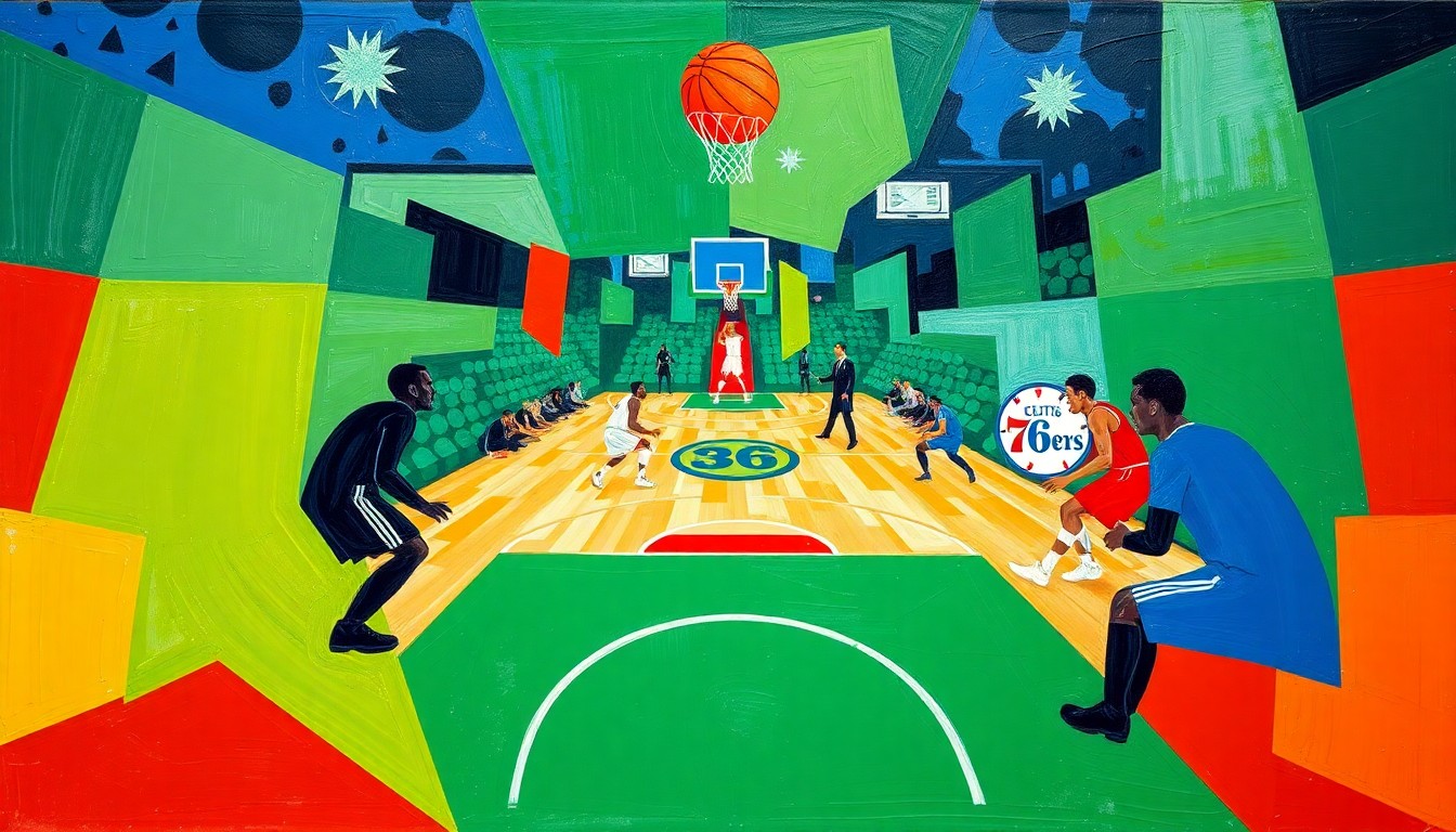 A cubist, geometric painting depicting a Celtics-76ers basketball game, with fragmented shapes in vibrant green, blue, and red representing the players, court, and ball.