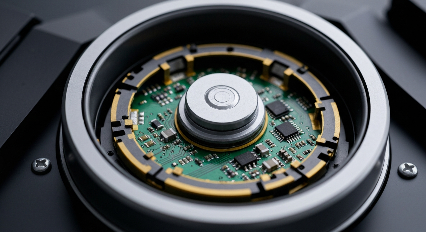 An extreme close-up photograph of the intricate internal components and circuitry of an Uber self-driving car sensor, conveying the complex engineering behind the ride-hailing service's technological infrastructure.