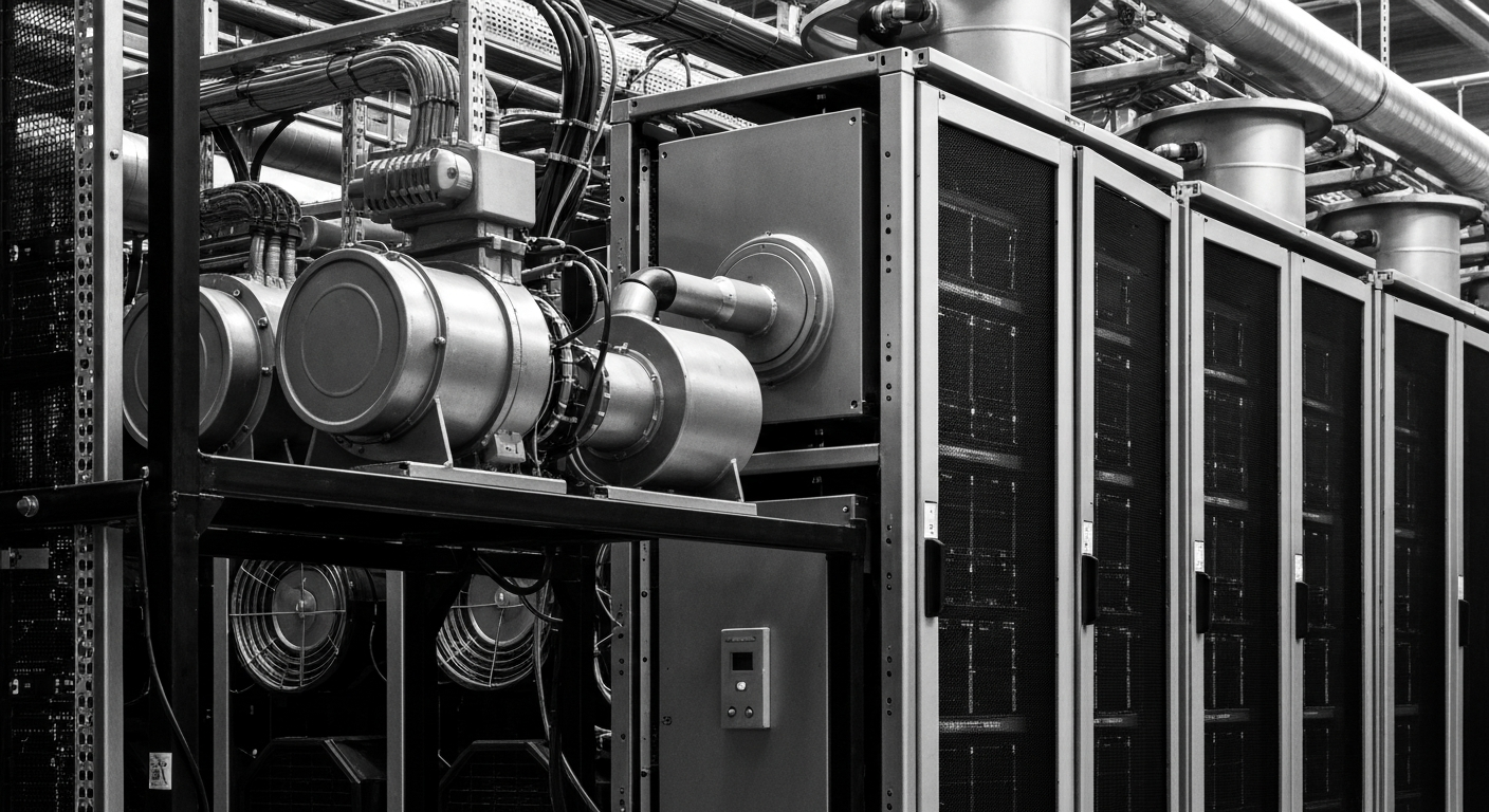 A high-contrast, black and white close-up photograph of industrial data center equipment, including server racks, cooling units, and power distribution systems, conveying the scale and complexity of the critical infrastructure that enables the digital economy.