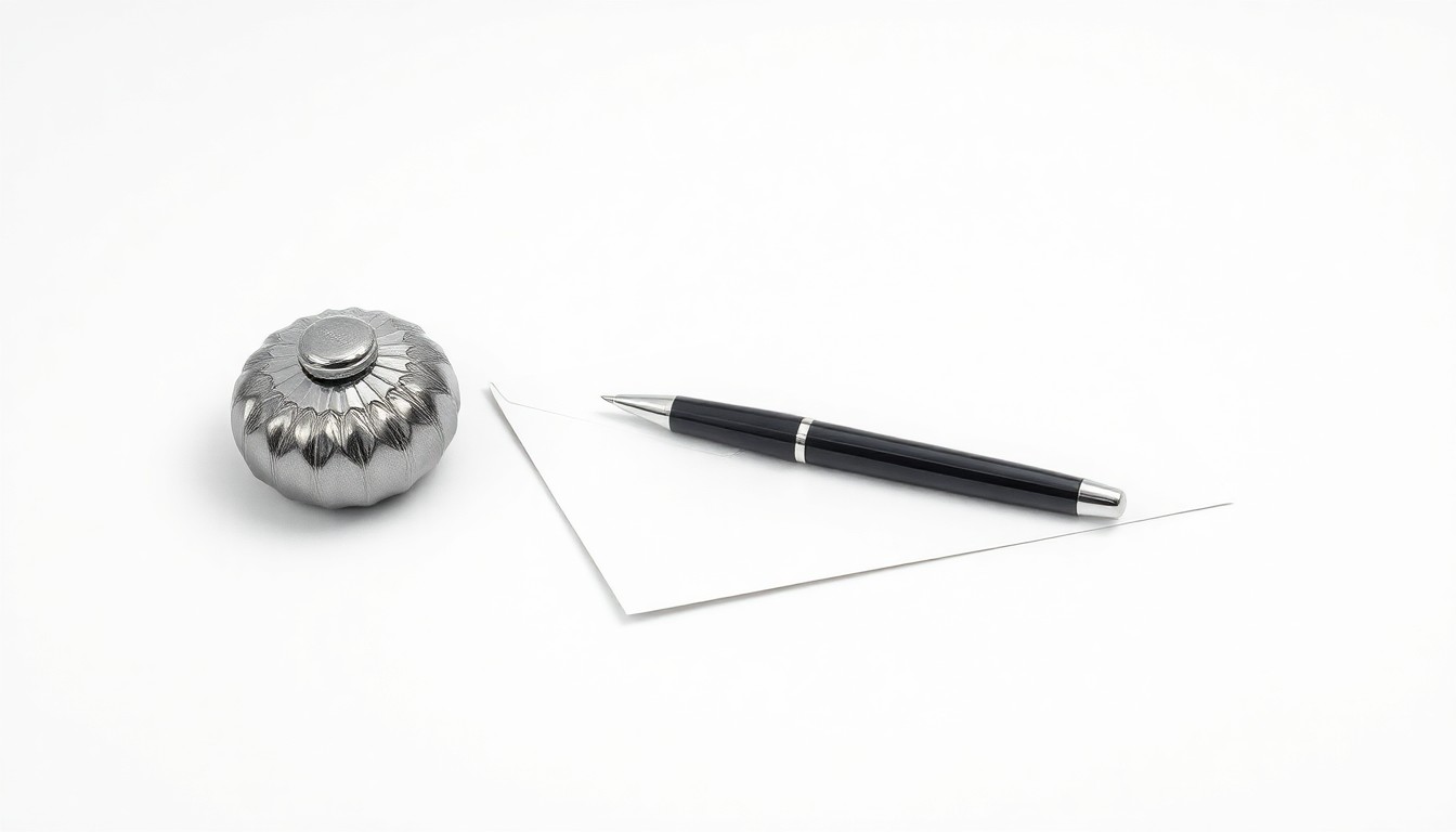 A photorealistic studio still life featuring a polished metal paperweight, a sleek black pen, and a crisp white envelope on a clean, monochromatic background, conceptually representing corporate strategy, finance, and risk management.