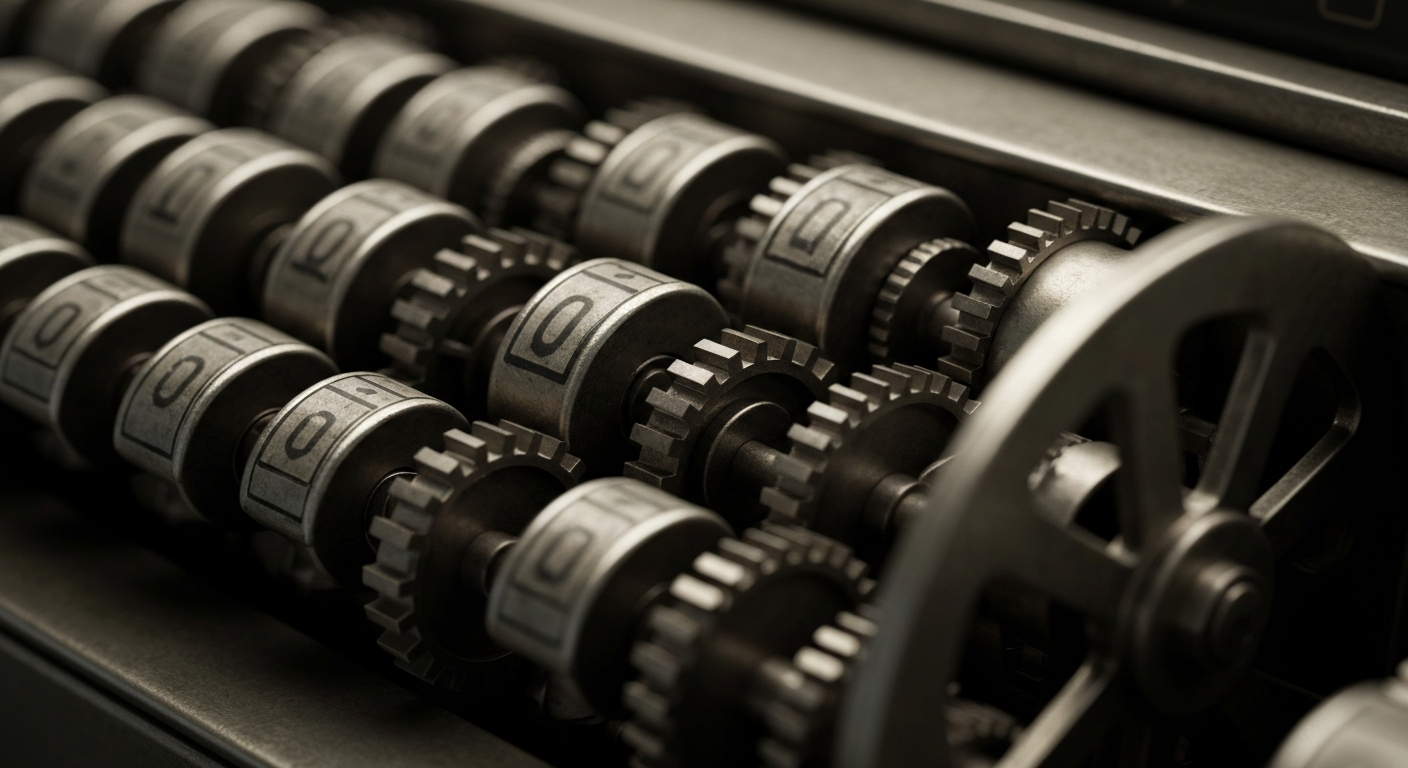 An extreme close-up of the complex inner workings of a vintage cash register, with gears, springs, and metal components filling the frame, conveying the idea of the financial infrastructure and institutional power behind a global fast-food brand.
