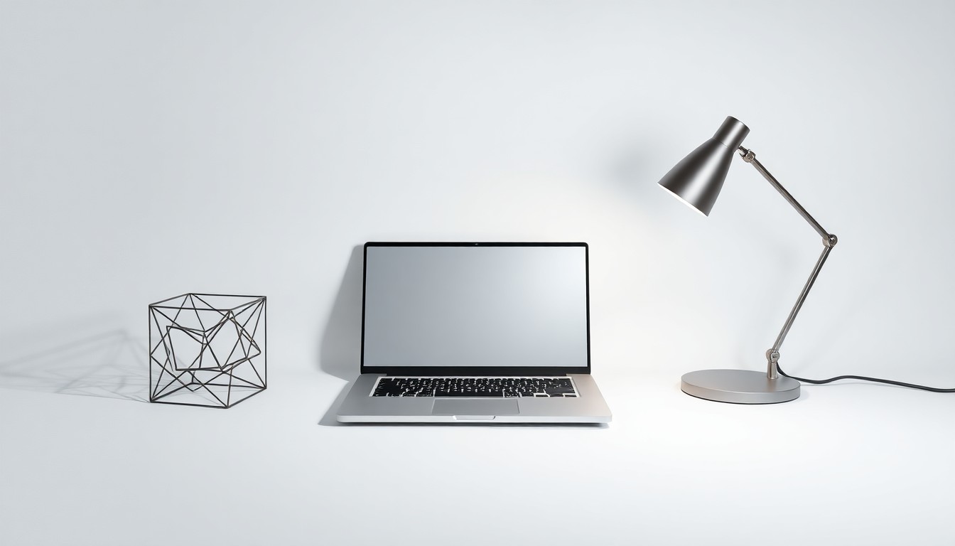 A photorealistic studio still life featuring a metallic laptop, geometric desk organizer, and minimalist lamp arranged elegantly on a clean white background, conveying the abstract concepts of corporate strategy and technology.