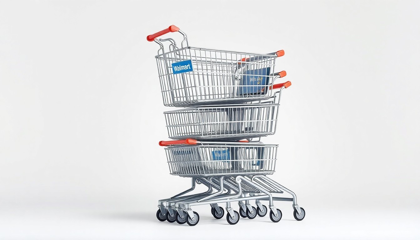 A high-end, photorealistic studio still-life featuring a stack of polished metal Walmart shopping carts against a clean, monochromatic background, conceptually representing the scale and stability of Walmart's retail empire.