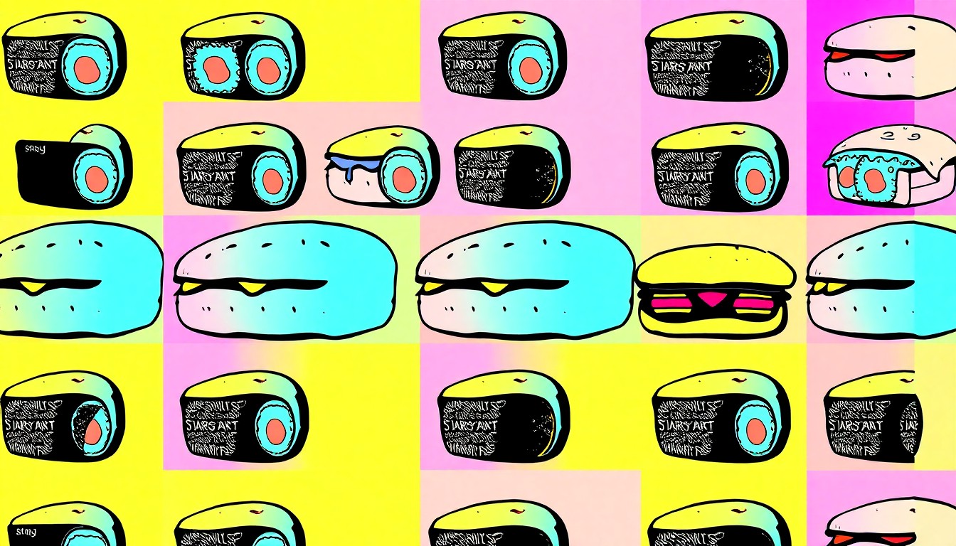 A brightly colored, high-contrast silkscreen print of a single, iconic food item from Dayly's Farm Market repeated in a tight grid pattern, conceptually representing the market's diverse culinary offerings.