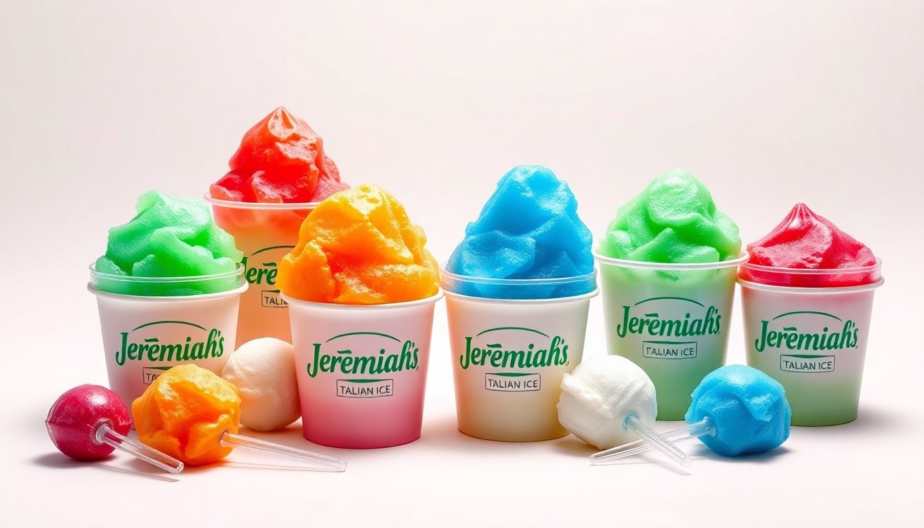 A high-end, photorealistic studio still-life photograph featuring a variety of colorful Italian ice cups and scoops arranged elegantly on a clean, white seamless background, conceptually representing the premium quality and refreshing nature of Jeremiah's Italian Ice products.